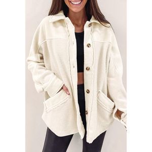 Azura Exchange  Beige Button-Up Stitching Pocket Raw Hem Shacket